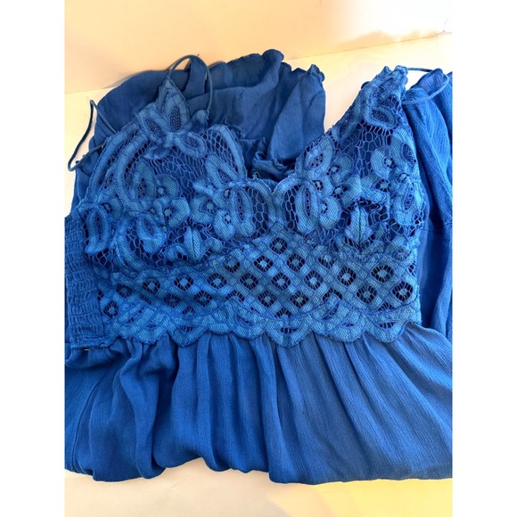 Free People One Adella Slip Dress Women M Blue Crochet Lace Detail Sheer Smocked - Picture 11 of 11
